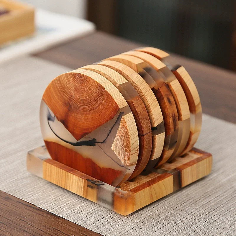 Sottobicchieri biodegradabili in resina di legno di pino con texture a inchiostro – Sottobicchieri ecologici da 8 cm