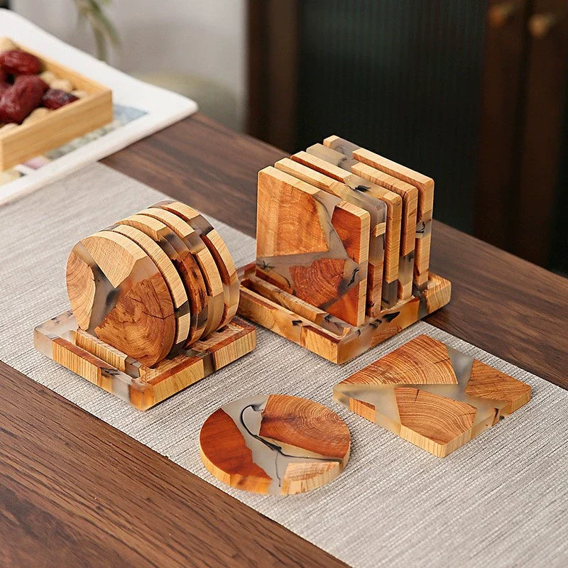 Sottobicchieri biodegradabili in resina di legno di pino con texture a inchiostro – Sottobicchieri ecologici da 8 cm
